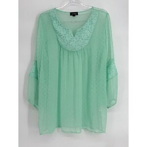Cal Style USA Mint Green Swiss Dot Lace Trim Boho Blouse Plus Sz 3XL V-Neck
